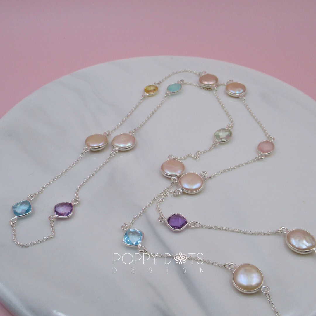 Sterling Silver Coin Pearl, Purple Amethyst, Blue Topaz, Citrine Quartz, Rose Quartz, Blue Onyx and Green Amethyst Necklace (90cm)