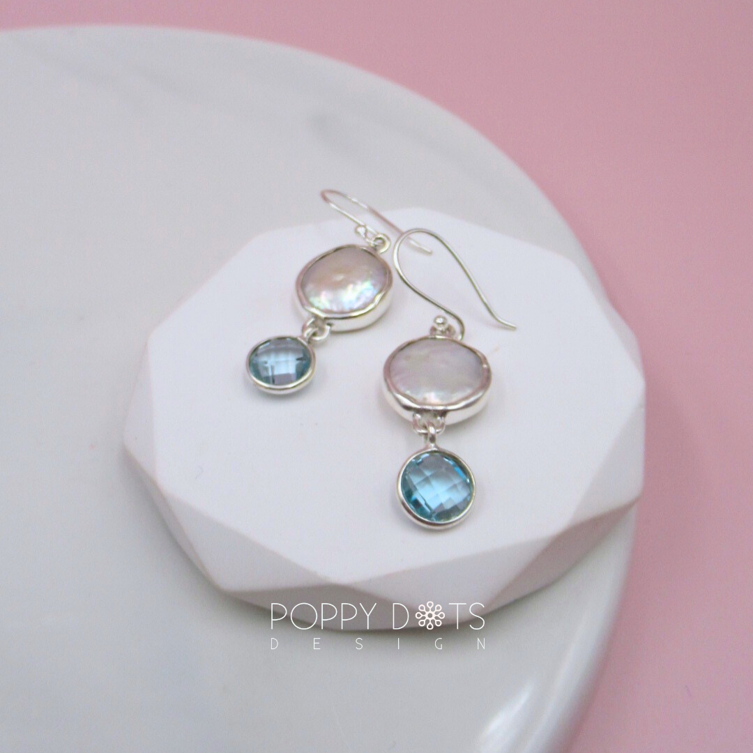 Luxurious Sterling Silver Coin Blue Topaz Earrings