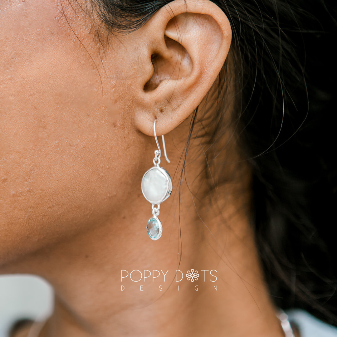 Luxurious Sterling Silver Coin Blue Topaz Earrings