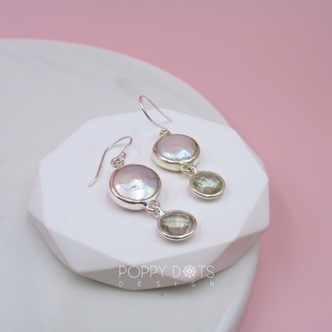 Luxurious Sterling Silver Coin Pearl Green Amethyst Earrings