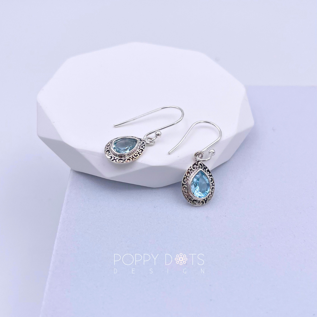 Sterling Silver Dainty Teardrop Blue Topaz Earrings