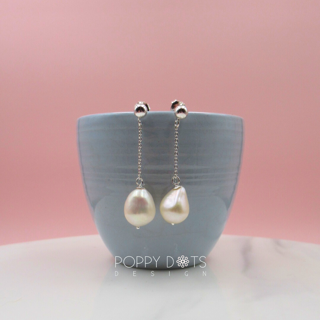 Sterling Silver Long Dangling Pearl Studs