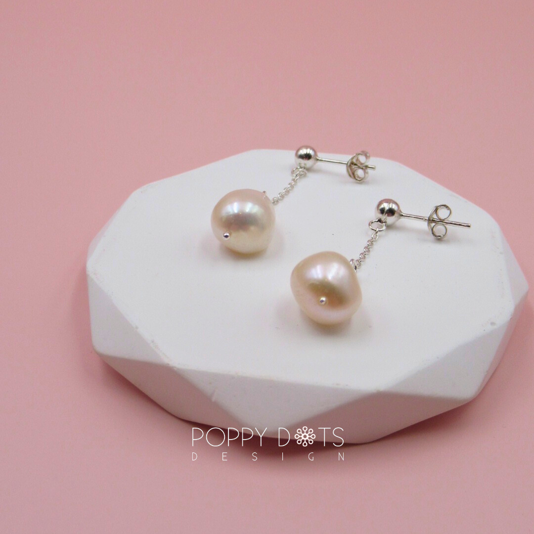 Sterling Silver Long Dangling Pearl Studs