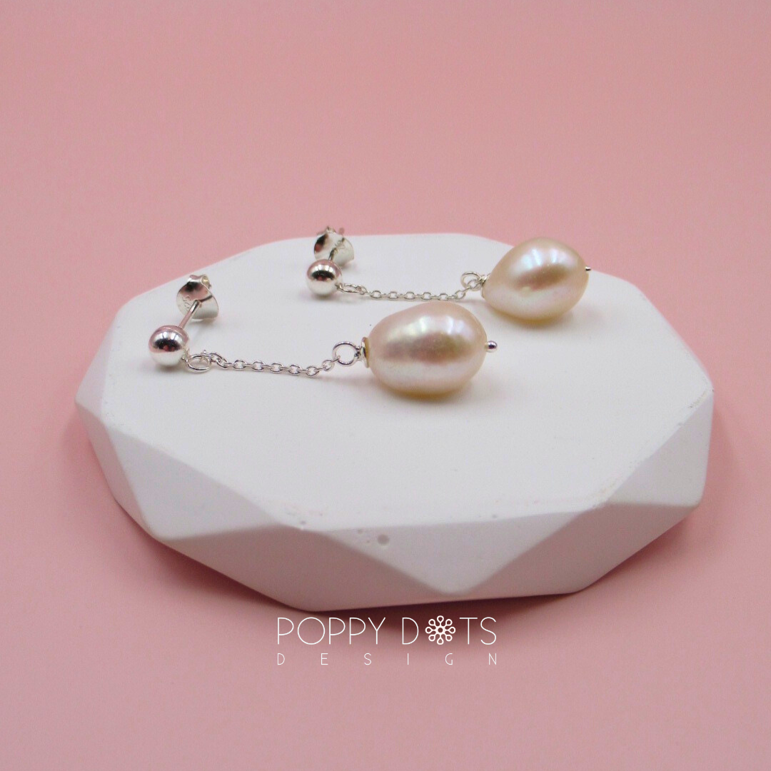 Sterling Silver Long Dangling Pearl Studs