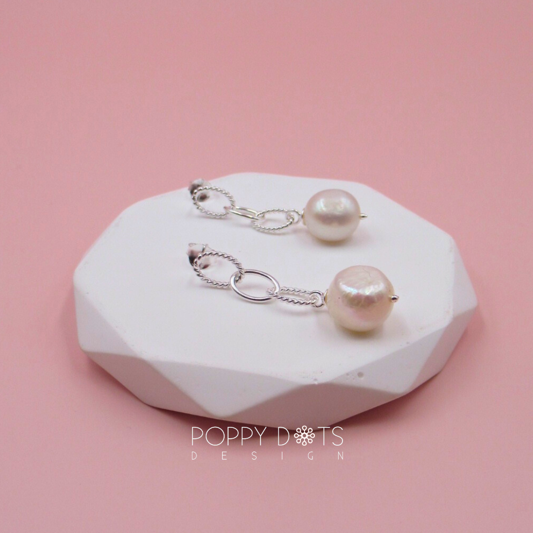 Sterling Silver Triple Link Pearl Dangling Studs