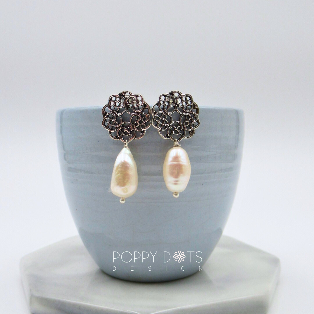 Sterling Silver Detailed Dangling Pearl Stud Earrings
