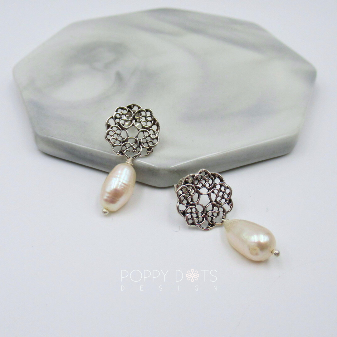 Sterling Silver Detailed Dangling Pearl Stud Earrings