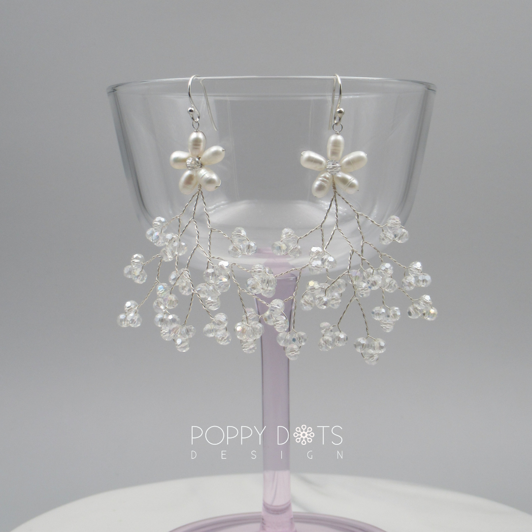 Sterling Silver Dewdrop Branch Pearl and Crystal Earrings