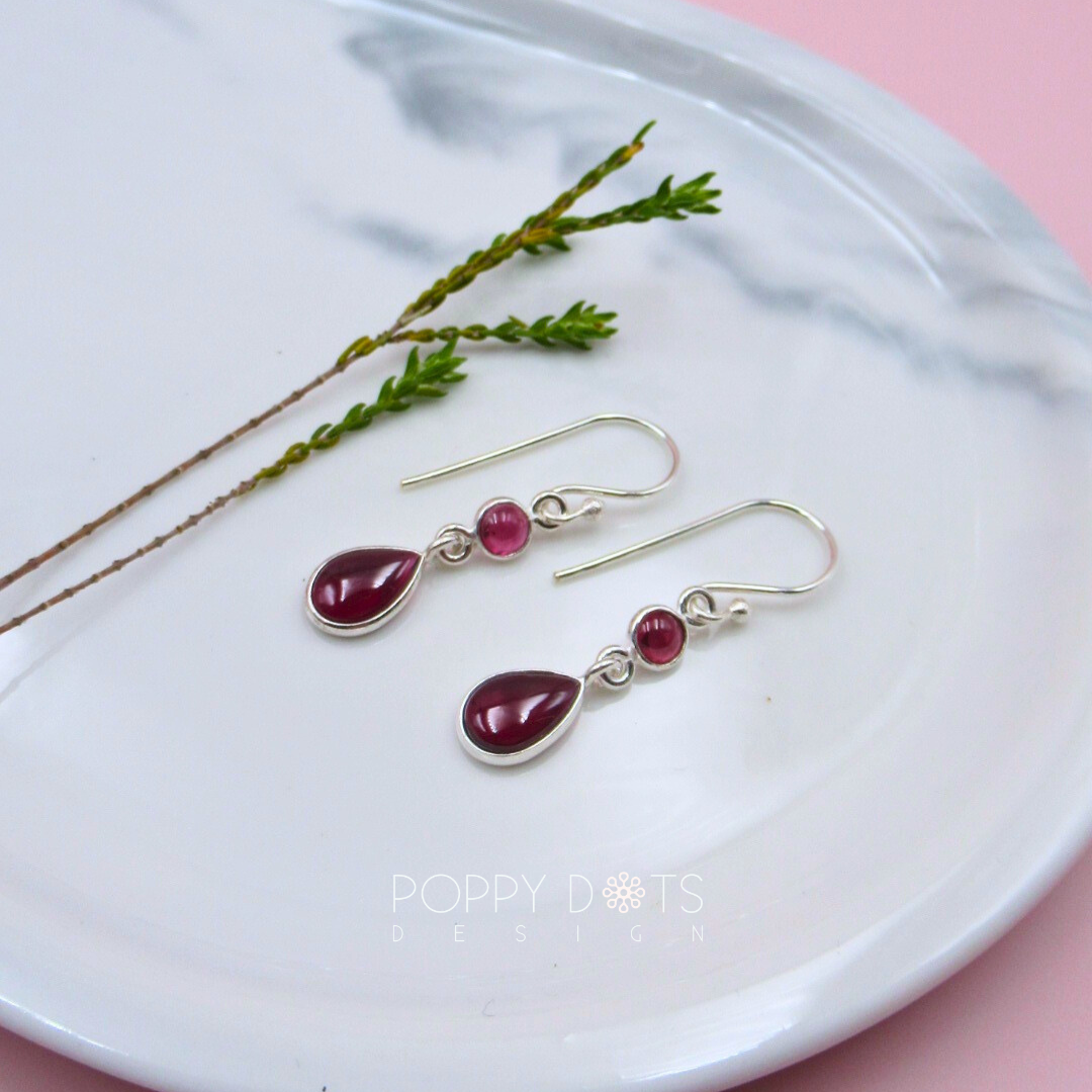 Sterling Silver Cab Double Garnet Earrings