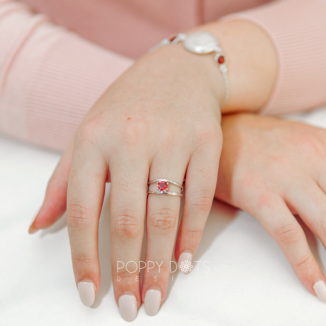 Sterling Silver Double Band Garnet Ring