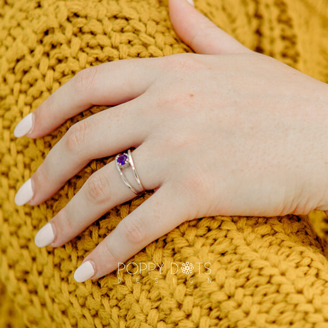 Sterling Silver Double Band Purple Amethyst Ring