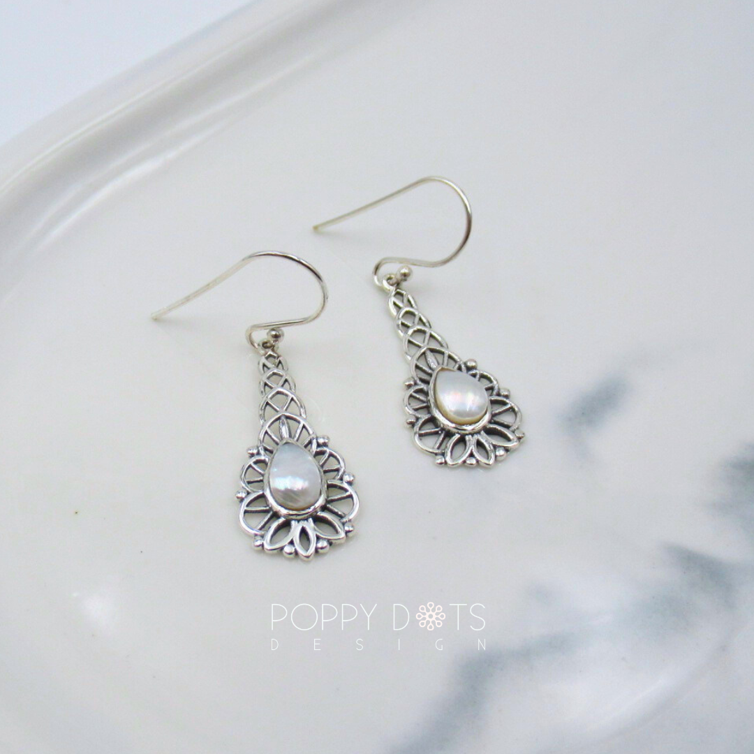 Sterling Silver Filigree Teardrop Pearl Earrings