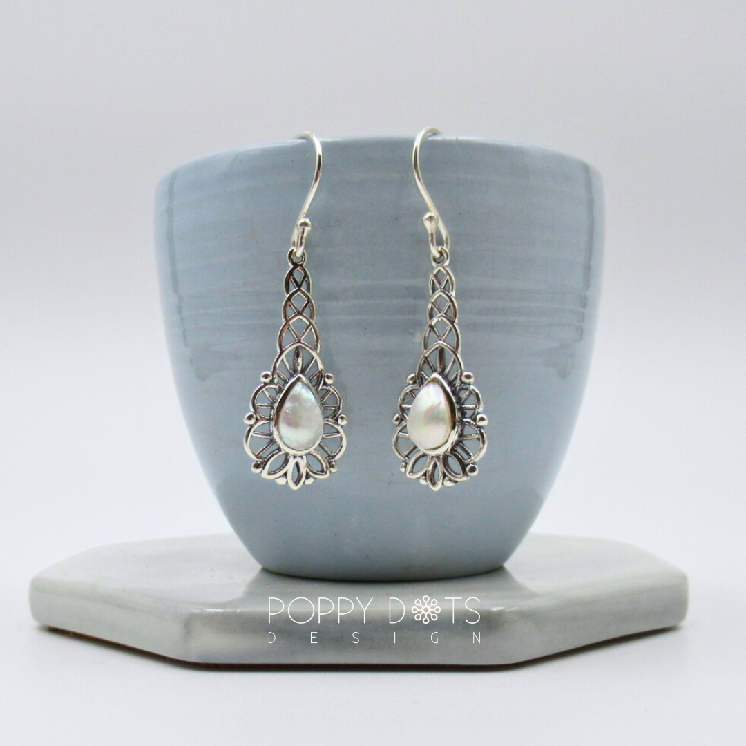 Sterling Silver Filigree Teardrop Pearl Earrings