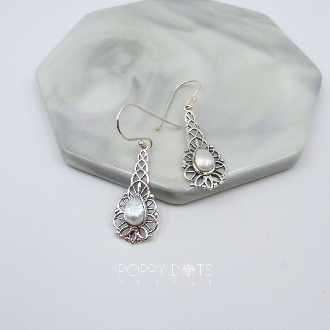Sterling Silver Filigree Teardrop Pearl Earrings