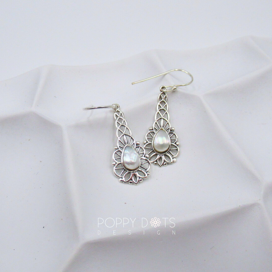 Sterling Silver Filigree Teardrop Pearl Earrings