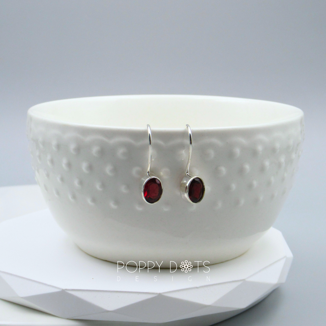 Sterling Silver Fixed Hook Oval Garnet Earrings
