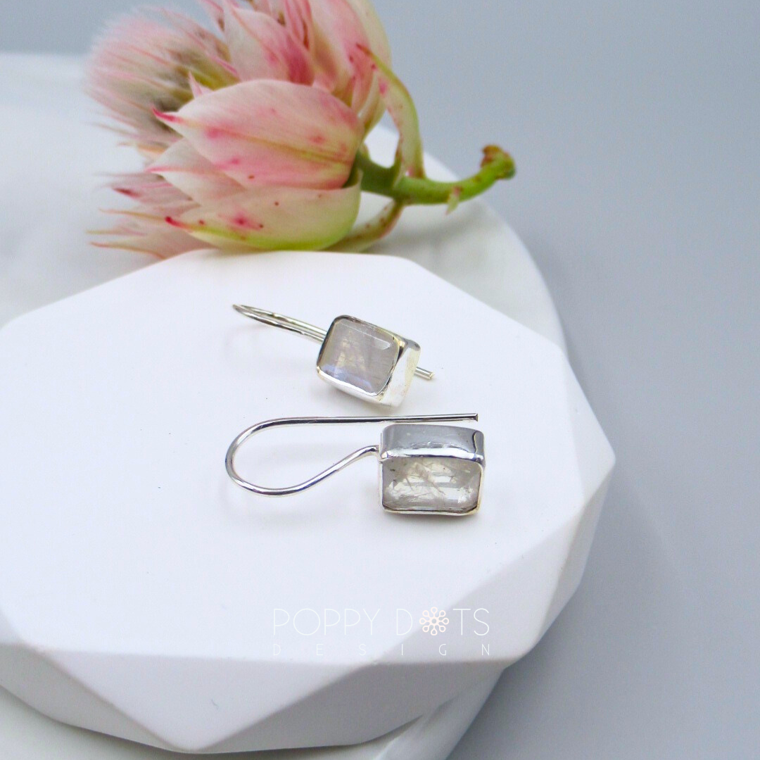 Sterling Silver Rectangular Moonstone Fixed Hook Earrings