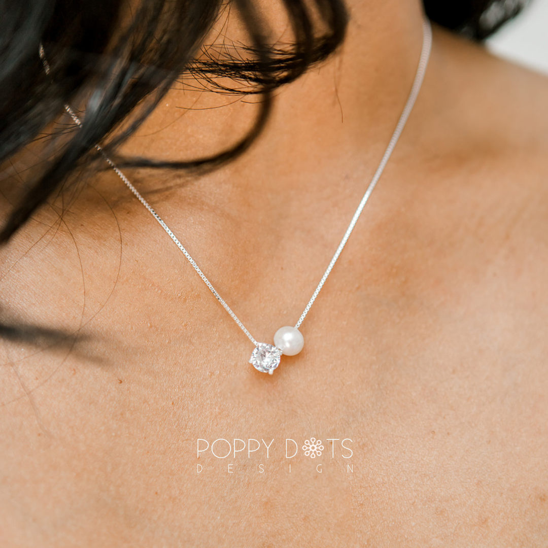 Sterling Silver Pearl and Zirconia Duo Necklace