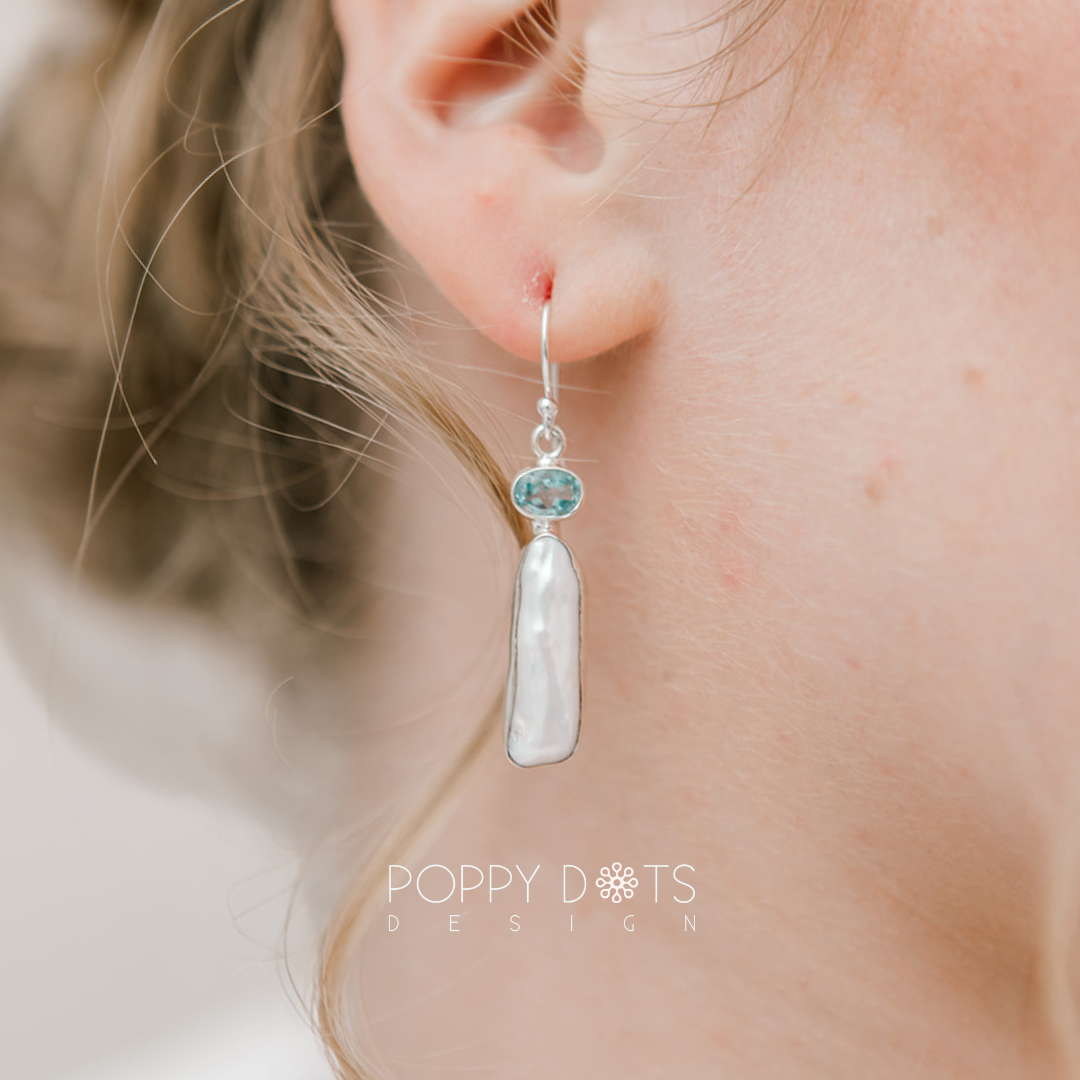 Exclusive Sterling Silver Blue Topaz Long Pearl Earrings