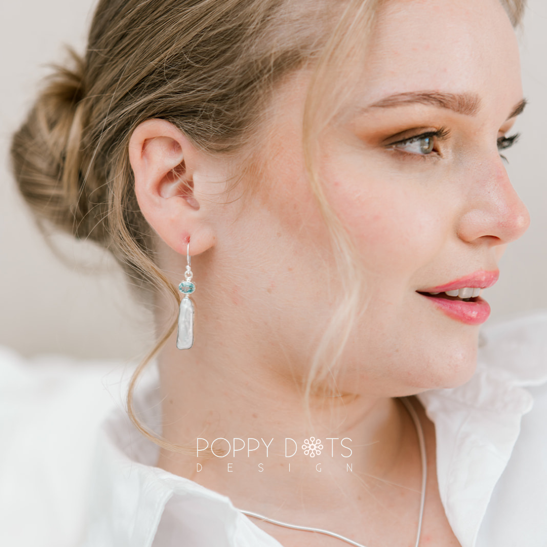 Exclusive Sterling Silver Blue Topaz Long Pearl Earrings