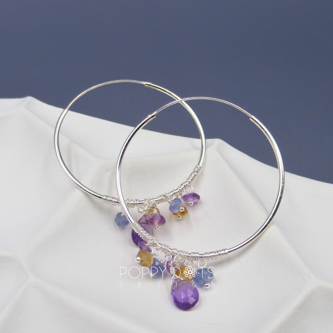 Sterling Silver Funky Large Cluster Purple Amethyst Hoop Earrings