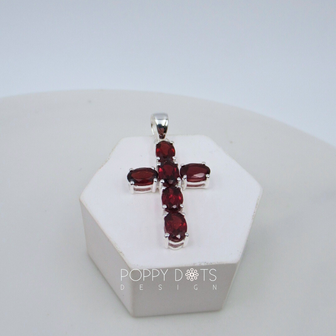 Sterling Silver Oval Garnet Cross Pendant