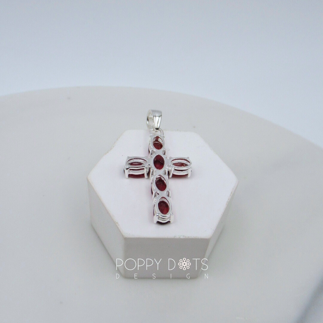 Sterling Silver Oval Garnet Cross Pendant