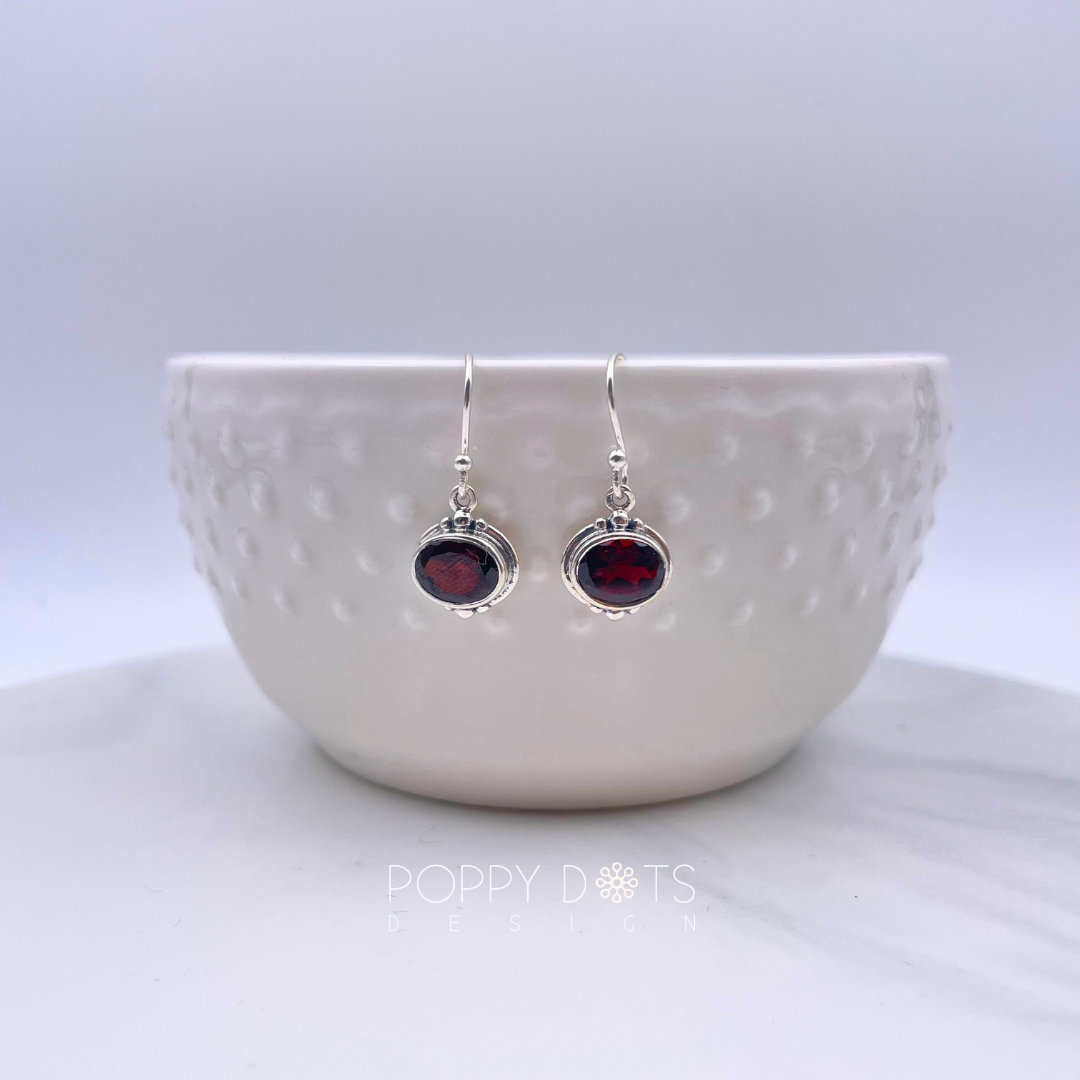Sterling Silver Detailed Oval Garnet Earrings