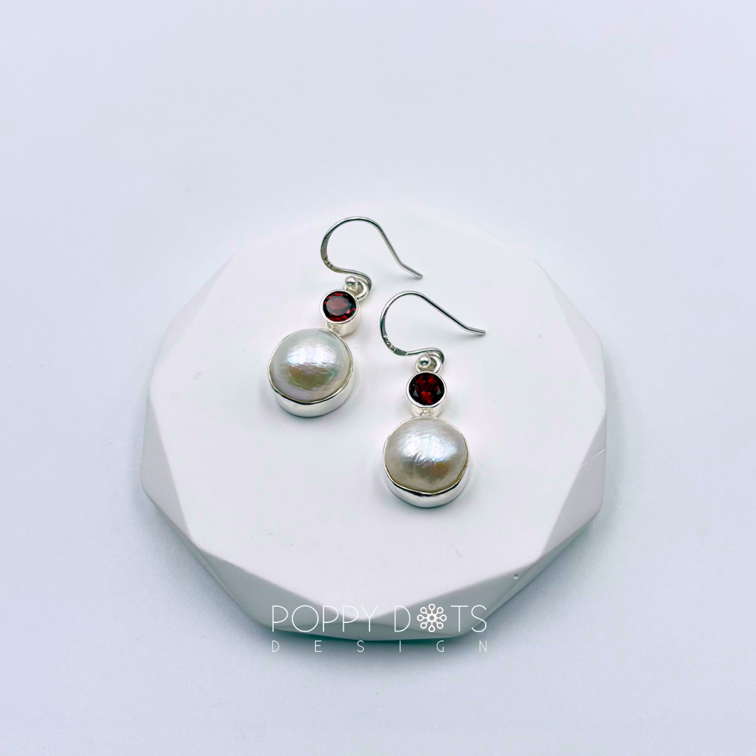 Sterling Silver Pearl and Garnet Earrings