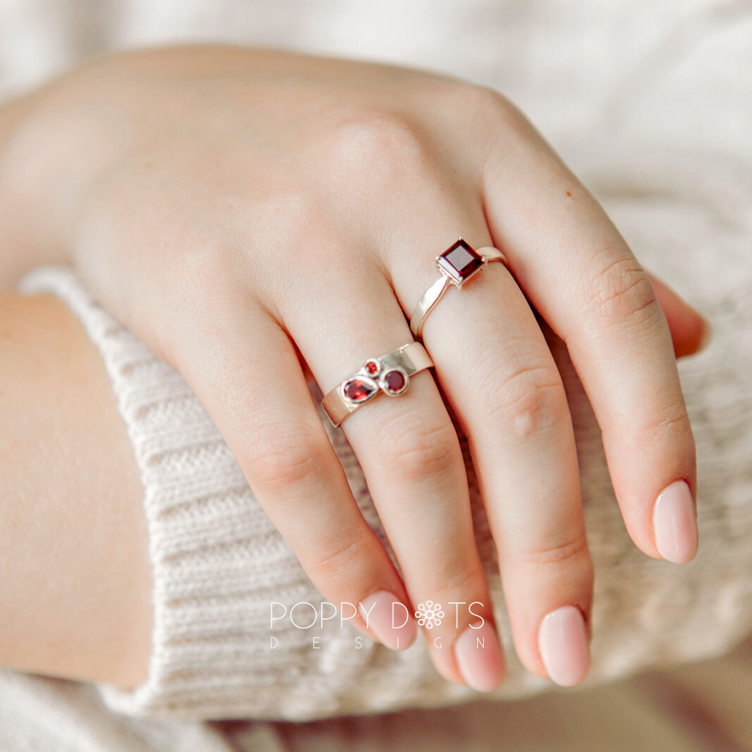 Sterling Silver Square Garnet Solitaire Ring