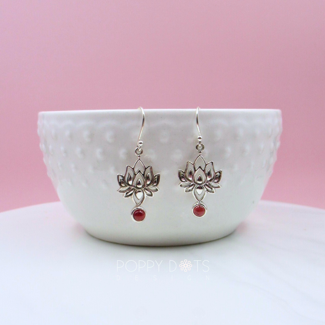 Sterling Silver Lotus Cab Garnet Earrings