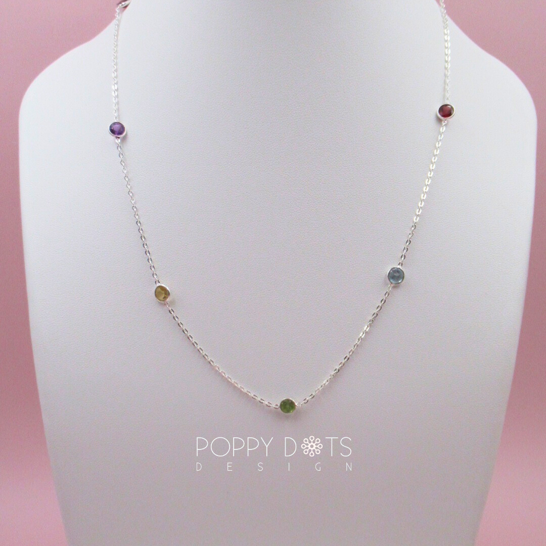 Sterling Silver Mixed Gem Necklace - Garnet, Topaz, Peridot, Amethyst and Citrine