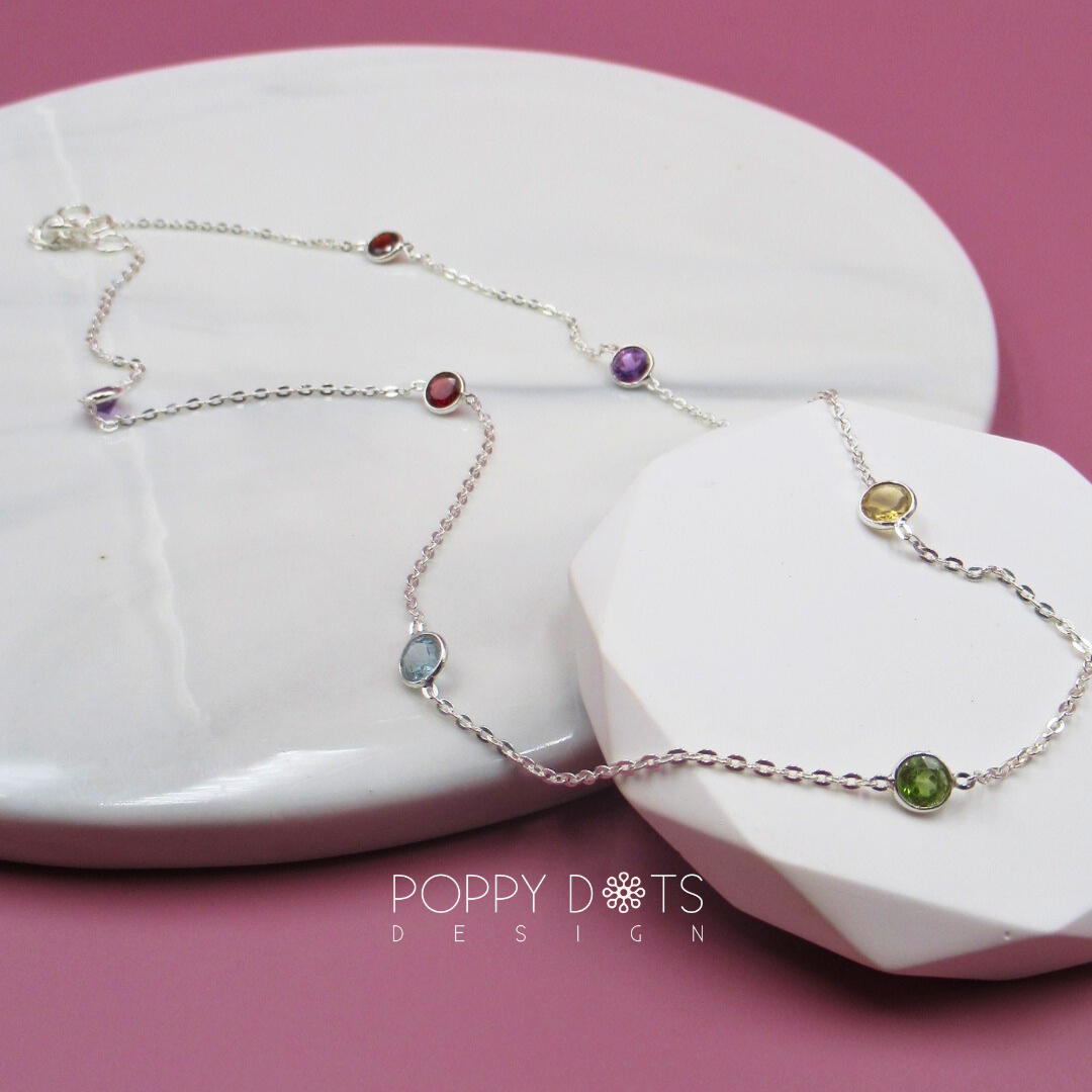 Sterling Silver Mixed Gem Necklace - Garnet, Topaz, Peridot, Amethyst and Citrine
