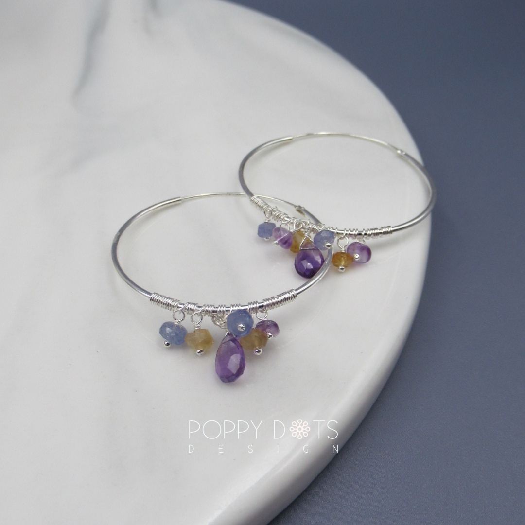 Sterling Silver Funky Large Cluster Purple Amethyst Hoop Earrings