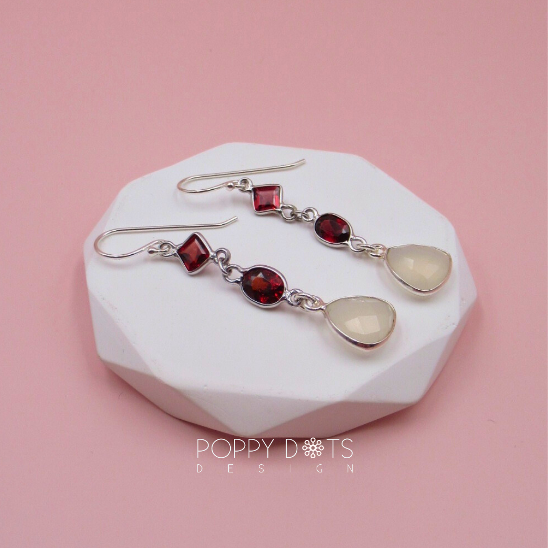 Sterling Silver Multiform Double Garnet & Moonstone Earrings