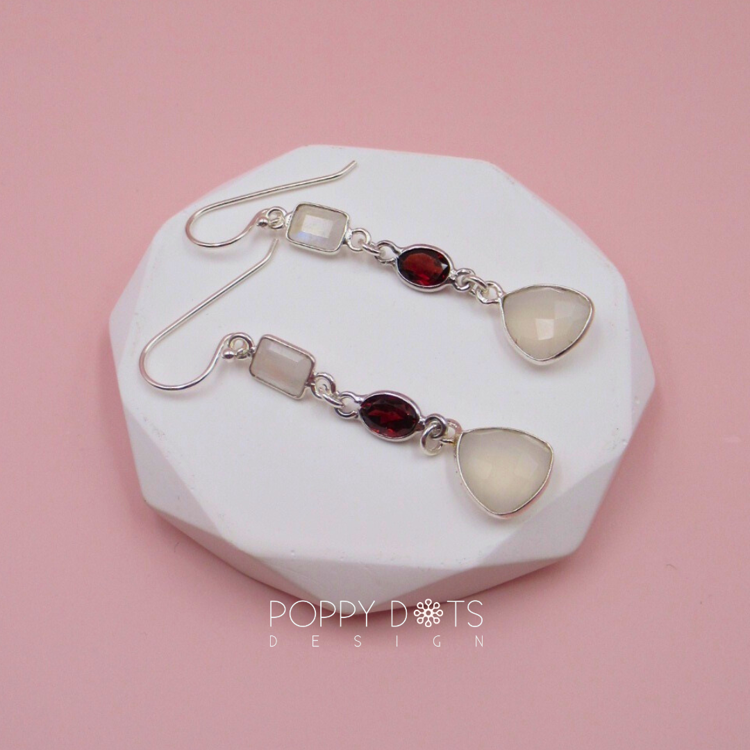 Sterling Silver Multiform Double Moonstone & Garnet Earrings