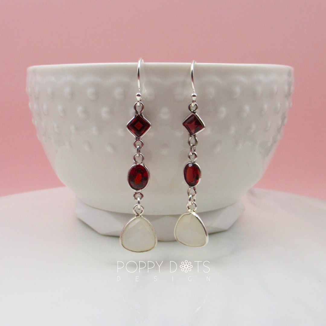 Sterling Silver Multiform Double Garnet & Moonstone Earrings