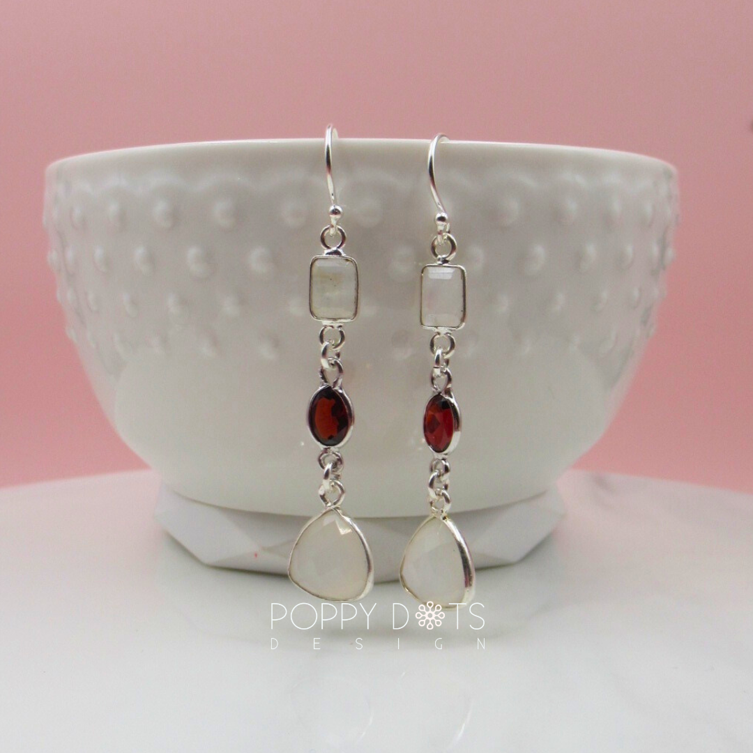 Sterling Silver Multiform Double Moonstone & Garnet Earrings