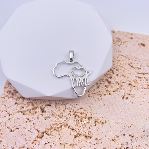 Sterling Silver Africa Outline with two giraffes in love in the middle.