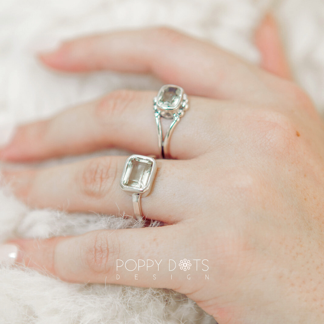 Detailed Sterling Silver Green Amethyst Rectangular Ring