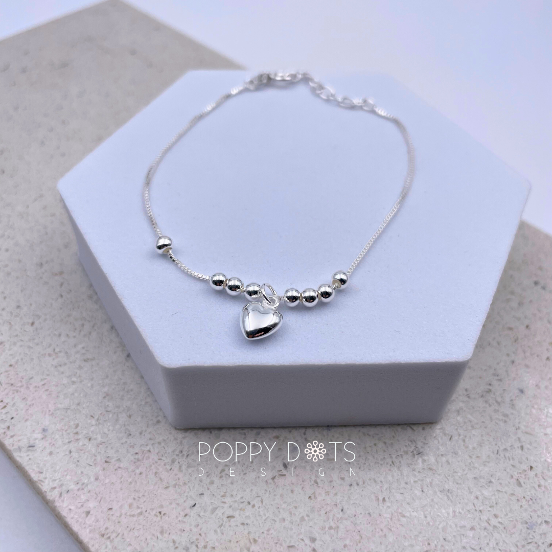Sterling Silver Heart and Ball Bracelet