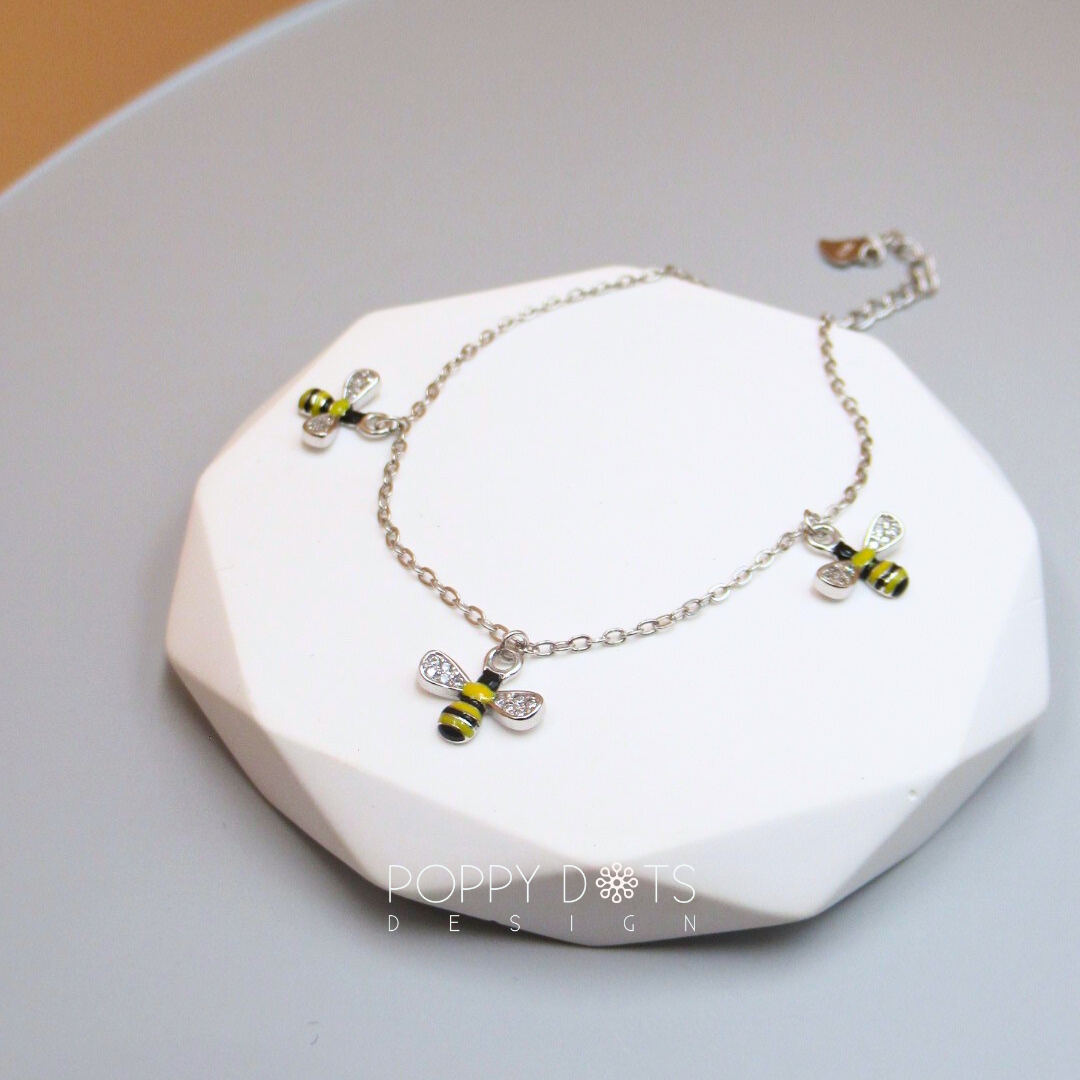 Sterling Silver Enamel and Zirconia Yellow Bee Bracelet