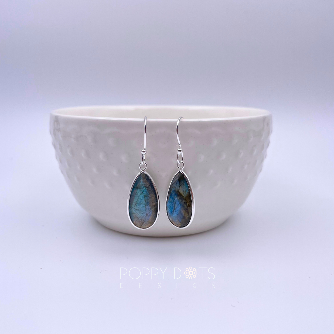 Sterling Silver Tall Teardrop Labradorite Earrings