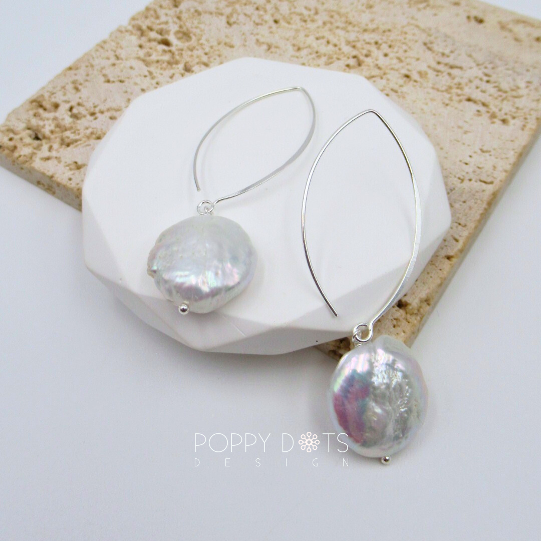 Sterling Silver Large Coin Pearl Earrings