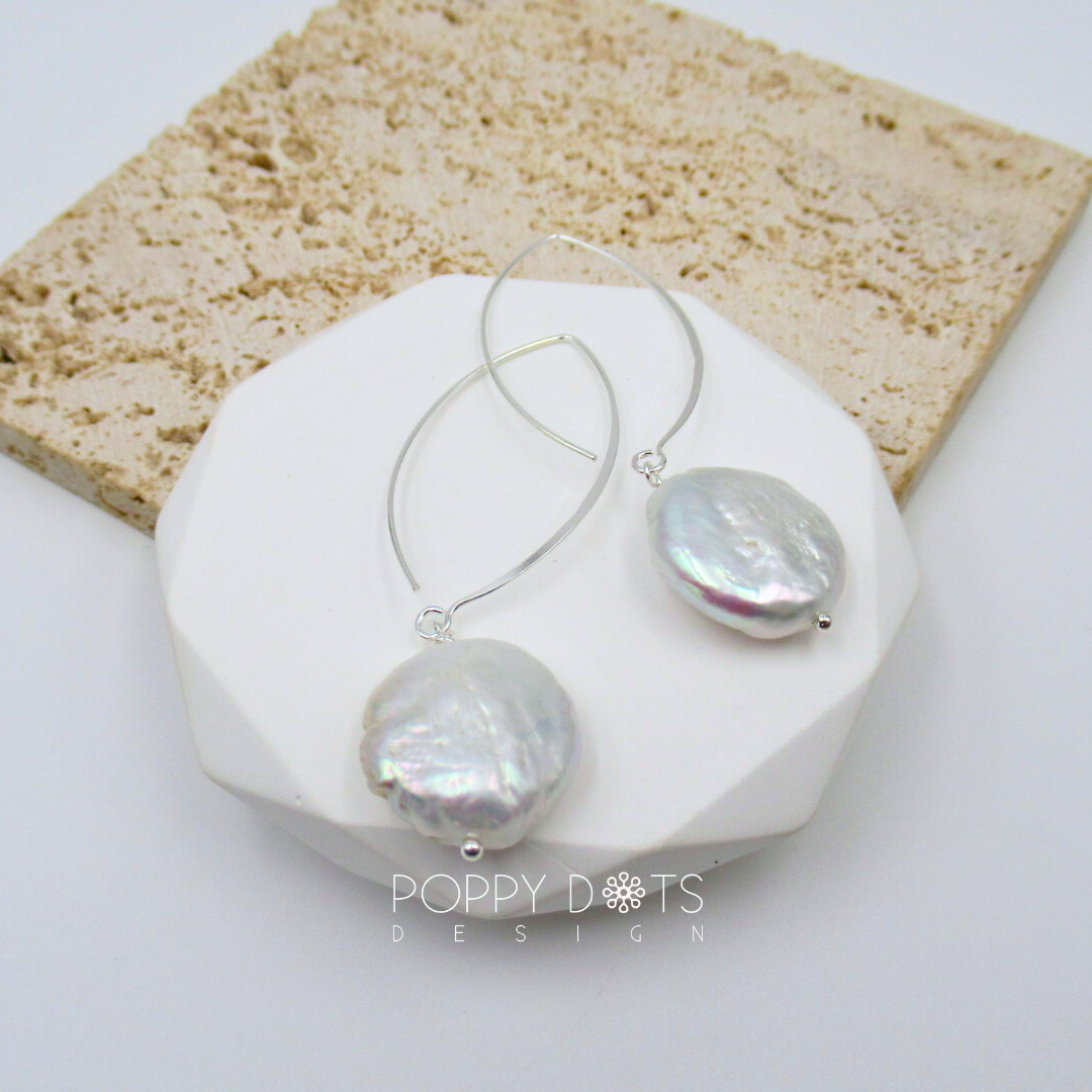 Sterling Silver Large Coin Pearl Earrings