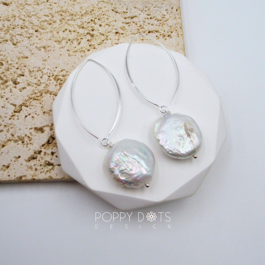 Sterling Silver Large Coin Pearl Earrings