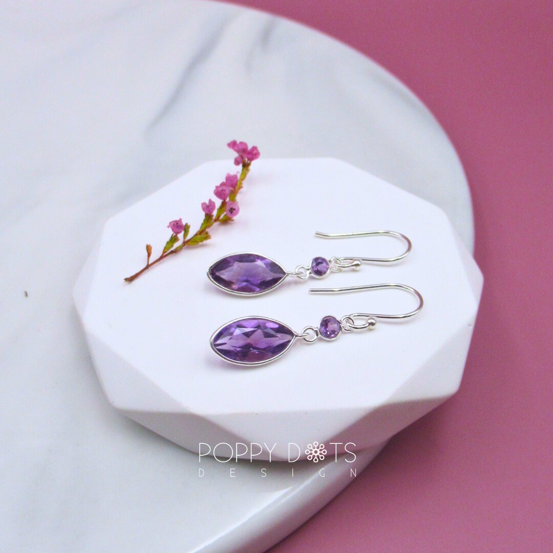 Sterling Silver Amethyst Drop Earrings – Marquise Cut Purple