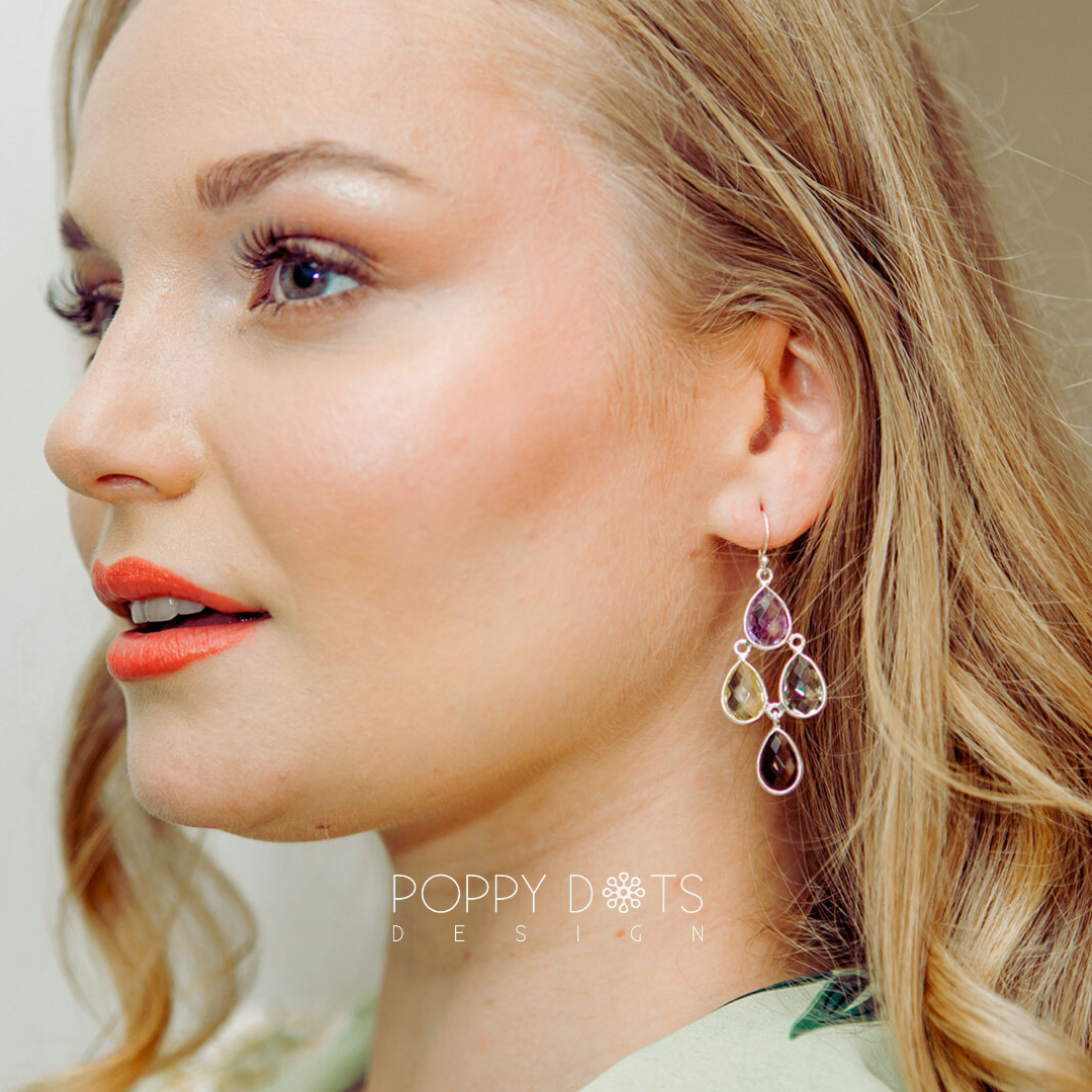 Sterling Silver Amethyst, Smoky and Citrine Quartz Chandelier Earrings
