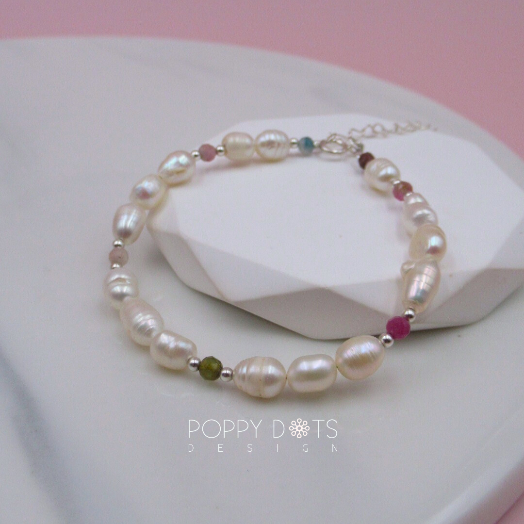 Sterling Silver Mixed Tourmaline and Freshwater Pearl Bracelet