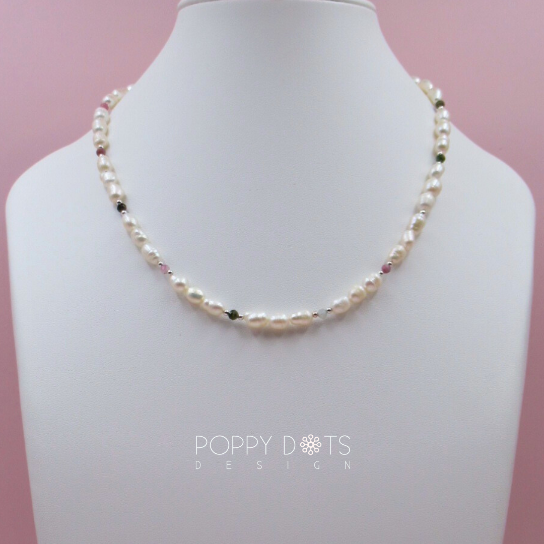 Sterling Silver Mixed Tourmaline and Freshwater Pearl Necklace